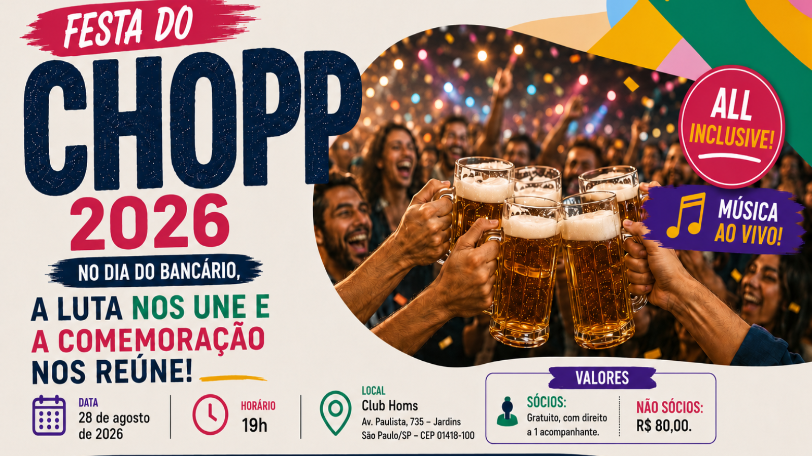 Arte do evento: Festa do Chopp 2026: no Dia do Bancário, a luta nos une e a comemoração nos reúne!